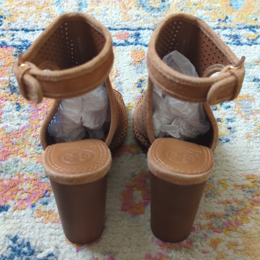 Tory Burch Jessie Perforated Suede Leather Peep Toe High Heel Booties Brown 6.5 - Picture 5 of 16